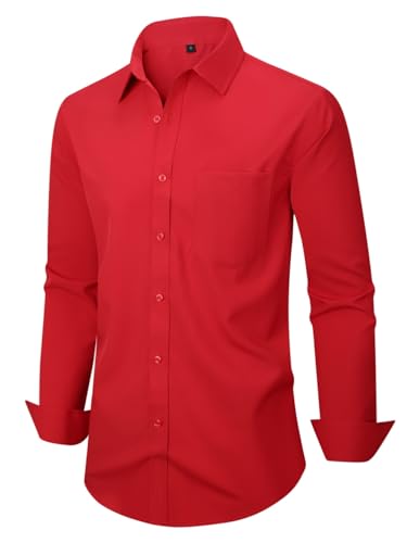 corfty Men Long Sleeve Dress Shirt - Regular Fit Stretch Free-Wrinkle Casual Button Down Shirt (Flame Red, Small) - Image 3