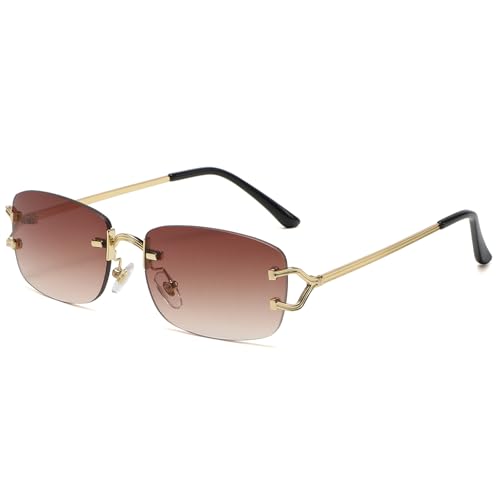 Rimless Sunglasses for Men Women Trendy Small Narrow Rectangle Metal Frame Sun Glasses Shades 90s Eyewear