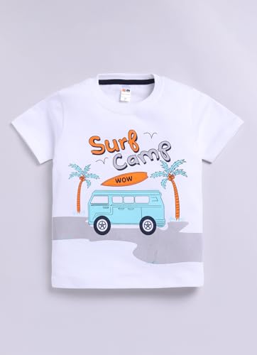 Image of LITTLE NINJA Cotton Half Sleeves Beach Theme Printed Tee & Coordinating Shorts Set - White & Navy