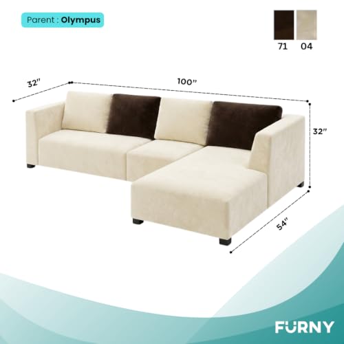 Image of FURNY Olympus 6 Seater RHS L Shape Sofa Set | Plush Velvet Suede Fabric | Modern Design | Soft Comfort Dual Color Cushions for Living Room, Office & Hotels (Cream-Dark Brown)