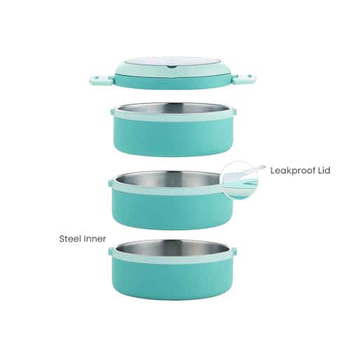 Image of 3 Layer Stainless Steel Insulated Lunch Box-Tiffin Box for Kids,Adults| Leak Proof Double Wall Lunchbox for Office, School Use with Spoon & Lid -Color May Vary (Oval)