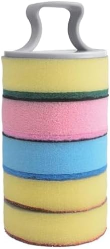 Multipurpose Round Dish Cleaning Sponges, Non-Scratch & Gentle, Set of 5 Sponges + 1 Holder, Multi-Color, Durable for Dishwashing & Kitchen Cleaning, Ideal for All Surfaces (Set of 5)