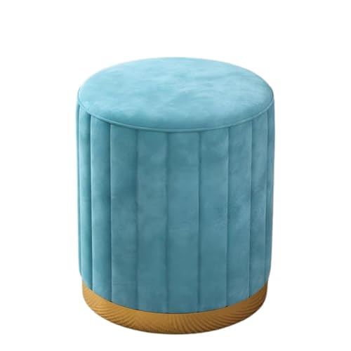 Image of Round Upholstered Velvet Ottoman Seating Stool with Gold Metal Base Multifunctional Makeup Vanity Chair Soft Compact Padded Foot Rest Stool for Living Room Bedroom Blue