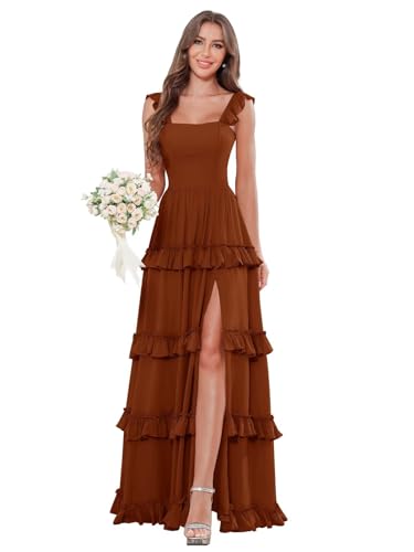 Verngo Chiffon Long Bridesmaid Dresses for Women Tiered Ruffle A Line Formal Wedding Guest Dress with Pockets