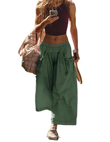 Hooever Women's Loose Wide Leg Track Pants Drawstring Pockets Elastic Waist Capri Hiking Pants(ArmyGreen-M)