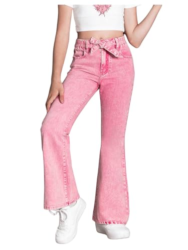 WDIRARA Girl's High Waist Flare Leg Jeans Washed Belted Y2k Denim Pants with Pockets