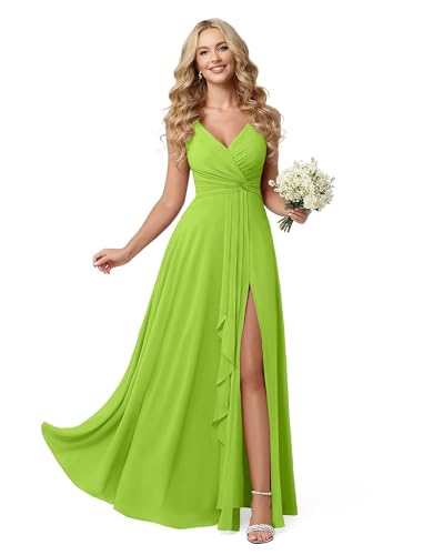 Women Dresses for Wedding Guest Chiffon Chartreuse Bridesmaid Dress for Women Long Formal V Neck Sleeveless Ruched Floor Length Gown with Slit Size 12