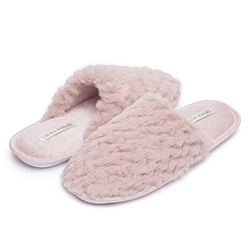 Laura Ashley Womens Texture Plush Memory Foam Scuff Slippers, Warm Fuzzy Fluffy Bedroom Slipper, Ladies Faux Fur Slip On House Shoes, Pink, Small #TOP1