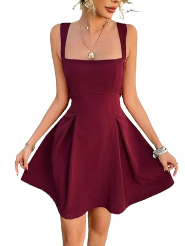 Vestido Largo de Mujer con Escote Cuadrado, Escote bajo, sin Mangas, Midi, Tirantes Finos, Vestido de Verano for Salir(Red,L)