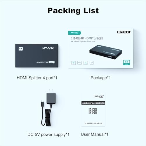 Image of MT-VIKI 1x4 2.0 HDMI Splitter 1 in 4 Out, 4K@60Hz HDMI Duplicator /Distributor HDR Support EDID HDCP 2.2 RGB 4:4:4 18Gbps-Adapter Included (4 Ports)