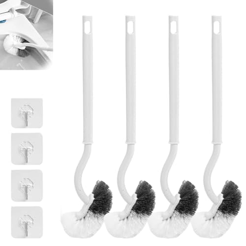 Juego de 4 escobillas de inodoro con limpiador de bordes, cepillo de limpieza profunda para inodoro, diseño curvado, mango largo flexible, cerdas fuertes, juego de cepillos de limpieza con gancho