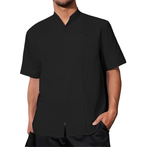 Generisch Camisa de verano para hombre, corte ajustado, cuello alto, algodón, elástico, manga corta, camisa de verano, camisa moderna con botones de presión, camisa ligera y cómoda, camisa de lino