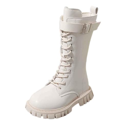 Girls Mid Calf Biker Boots Kids Faux Leather Lace Up Boots with Side Zipper