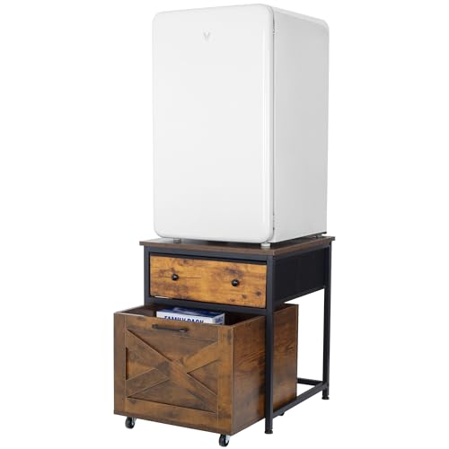 Image of TDLEAYYD Mini Fridge Stand Farmhouse Mini Fridge Stand with Rolling Basket Cart Mini Fridge Stand with Drawer for Dorm, Office, Apartment, Brown