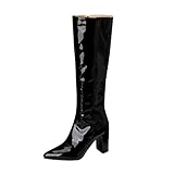 Klarmar Talons Hauts Bottes Longue Femme Pointu Bottes de Fête Pointu Cuir Verni Elegant Fête Mariage Botte Haute Jusqu\'Au Genou Noir Taille 37 EU/38