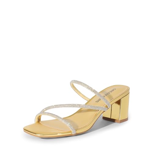 DREAM PAIRS Women's Strappy Heels Open Toe Low Chunky Heel Slip On Mules Square Block Sandals Dress Shoes 7 Gold-glitter