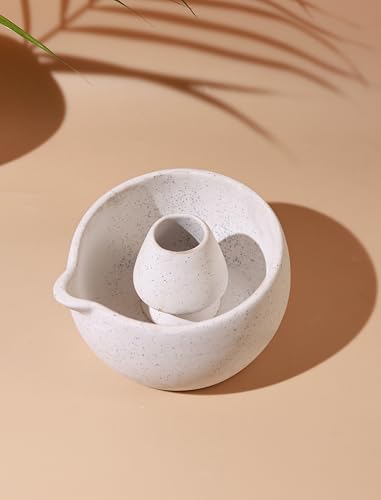 Image of Craftribal Handmade Ceramic Solid Matcha Bowl with Whisk Holder - Pottery Chawan for Japanese Tea Ritual, Matcha Lovers & Gifting|Bowl - 5.5 inches|Holder-2.5 inches|Color-White