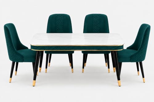 Image of WOODEN SPACE 4 Seater Wooden Dining Table Set | Urban Marble Top Dining Table with Chairs for Dining Room & Kitchen (Modern Vintage Sea Blue) (54 x 36 x 30 inch)