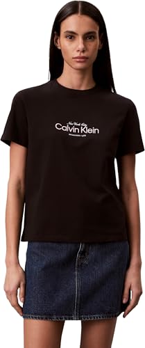 Calvin Klein Women’s T-Shirt Short Sleeve Classic NYC Logo with Round Neckline, Black (Black), L