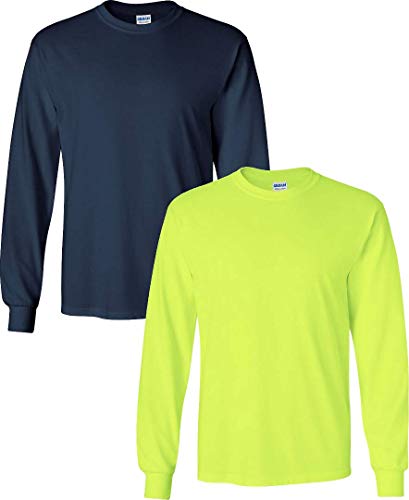Image of Gildan Men's Ultra Cotton Adult Long Sleeve T-Shirt Pack of 2Navy-SafetyGreen Large