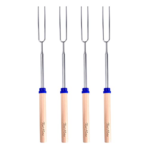 Marshmallow Roasting Sticks for Fire Pit, Personalized Carving 4 Pieces of Retractable Barbecue Fork with Wooden Handle for Bonfire and Sausage Barbecue (32)