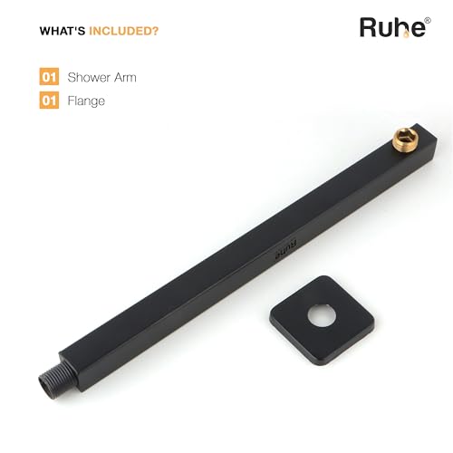 Image of Ruhe Square Shower Arm with Wall Flange | Black Matte | 304-Grade Stainless Steel Shower Arm for Overhead Showers | Bathroom Overhead Shower Arm