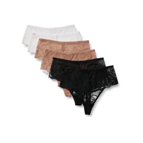 Amazon Essentials Women's Stretch Galloon Lace High Waisted Thong, Pack of 6, Black/Washed Bronze/White, Medium