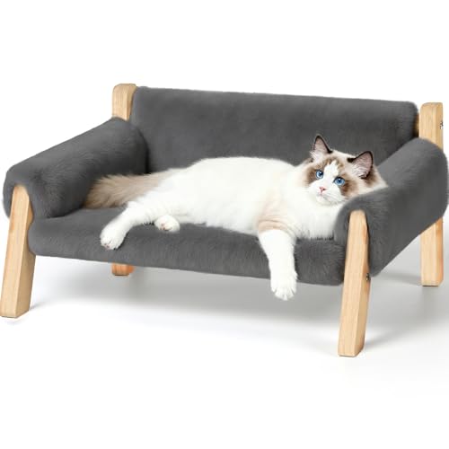 FAMIDGE Elevated Cat Couch Bed for Indoor Cats - Wooden Pet Sofa with Removable Washable Thick Cover Raised Kitty Lounge Chair Suitable for Puppy or Small Animals(Cat Sofa Light Grey)