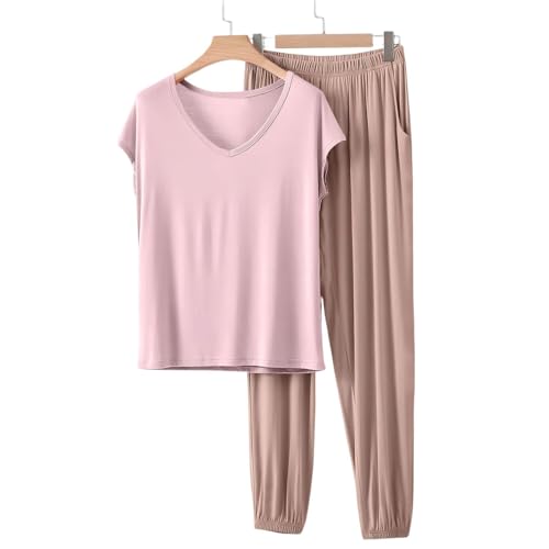 Image of HGps8w Women's Modal Soft Summer Pajamas Sets, Loose V Neck Short Sleeve Top Joggers Pants Matching 2 Piece Lounge Outfits