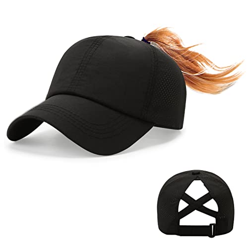 Feelorna Pferdeschwanz Baseball Cap Damen Sommer, Mesh Baseballkappe mit Pferdeschwanz Loch Einstellbare Atmungsaktive Sportkappe Hut für Outdoor Sport Reisen (Schwarz)