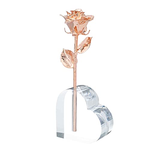 Image of Forever Rose Real Rose Dipped in Rose Gold, Acrylic Heart Vase