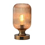 MAINDECO Mid Century Glass Table Lamp,Dimmable Desk Lamp,LED Bulb Included,Touch Control & USB A+C Port,Cognac Amber Ribbed Glass