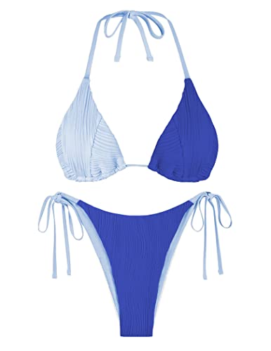 ZAFUL Fully Lined Bikini Sets for Women Padded Push Up Halter Swimsuit High Cut Sexy Two Piece Bathing Suit Blue M