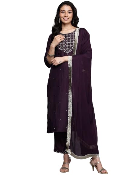 Varanga Women Purple Thread Embroidered Sequins Embellished Straight Kurta Paired With Bottom And Dupatta