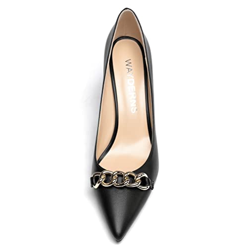 WAYDERNS Women's Gold Metal Chain Matte Slip On Pointed Toe Block High Heel Pumps Shoes 3.5 Inch3