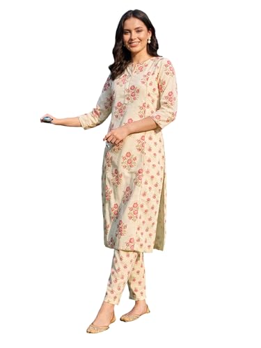 Image of INDO ERA Women Pure Cotton Printed Straight Kurta Set with Palazzo Pants - Ethnic Wear | Cord Set For Women Cotton