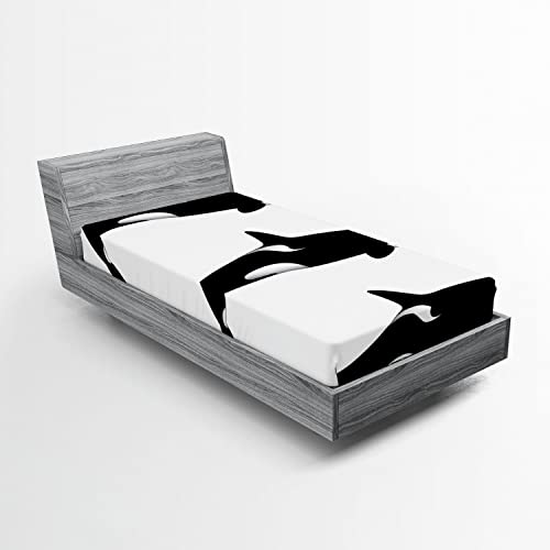 Ambesonne Sea Animals Fitted Sheet Set, 3 Orca Killer Whales in Different Illustration Black and White Style, Decorative Bedding All-Round Elastic Pocket 2 Pcs, Twin XL Size, White and Charcoal