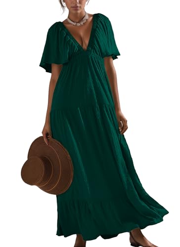 Image of Kikibell Women Summer Dresses Sexy V-Neck Maxi Dress Tiered Silhouette with Flutter Sleeve Backless Elastic Waist Flowy Dress