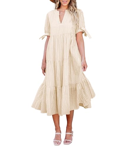 Image of Theenkoln Womens Casual Midi Dress: Short Sleeve V-Neck Empire Waist Gingham Spring Fashion Long Trendy Tiered Formal Dresses
