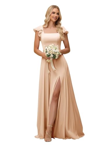 Xijun Satin Bridesmaid Dresses Long for Wedding Ruffle Sleeve Square Neck Formal Evening Dress for Women with Slit