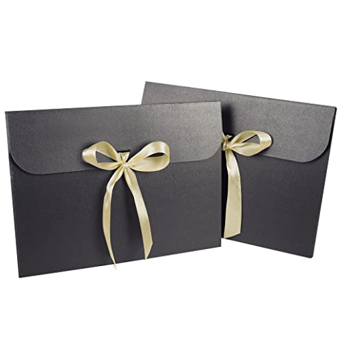 10Pcs Flat Gift Box Voucher Envelopes 24×18.5×0.8cm Cardboard with Ribbon Textured Rectangle Gift Boxes for Cards Christmas Wedding Invites Letters Accessories (Black)
