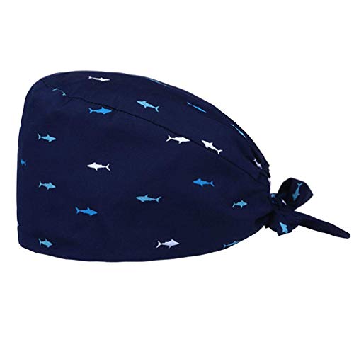 TENDYCOCO Gorro cirúrgico de algodão com gorro cirúrgico unissexo com faixa de suor ajustável para gorro médico com estampado de tubarão de cavalo para médico enfermeira