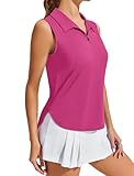 Pinspark Women Golf Shirts Sleeveless Upf 50+ Tennis Polo V-Neck Quick Dry Athletic T Shirt 1/4 Zip Collar Workout Tank Top, Hot Pink Medium
