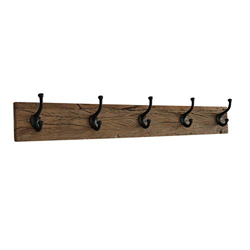 WHW Whole House Worlds Rustic 5 Hook Coat Rack, Wall Mounted, Reclaimed Railway Wood Plank and Iron, 4 1/4 Deep x 37 Long x 6 Tall Inches (Weathered Brown)
