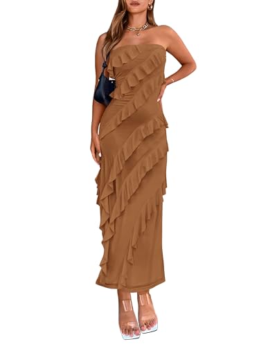 BTFBM Women Summer Elegant Strapless Midi Ruched Bodycon Dress Solid Color Stretch Mesh Slim Party Cocktail Dresses