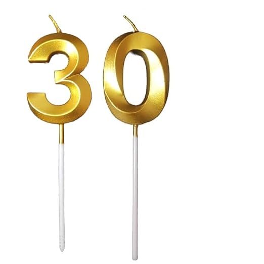 Image of ToyUniverse Number 30 Metallic Gold Candle for Thirtieth Birthday, Anniversary, Surprise Party Cake Decoration (Pack of 2)
