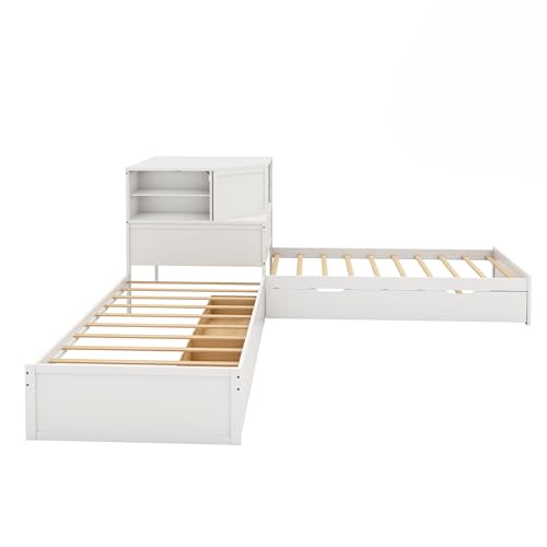 SOFTSEA L-Shaped Twin Size Bed with Trundle and Storage Drawers, 3 in 1 Low Corner Platform Bed Frame with Desk and Shelves for 3 Kids, Wood L-Shaped Bed with Bookcase, Easy Assembly, White