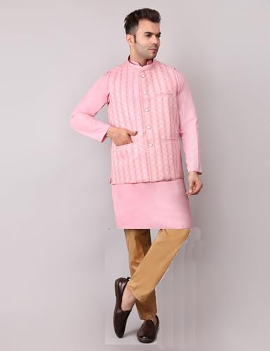 Image of Men's Cotton Silk Blend Regular Kurta Pyjama, Embroidered Nehru Jacket /Waistcoat Set