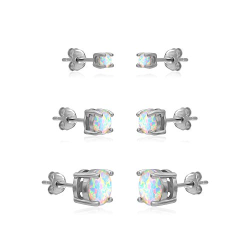 White Gold Flashed Brass 3mm, 5mm, 7mm Round Synthetic White Opal Stud Earrings for Women, Pack of 3