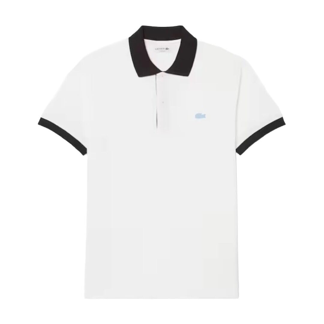 Lacoste Polo para Hombre, Blanco con Negro, Algodón Orgánico 100%, Corte Clásico, Piqué con Contraste